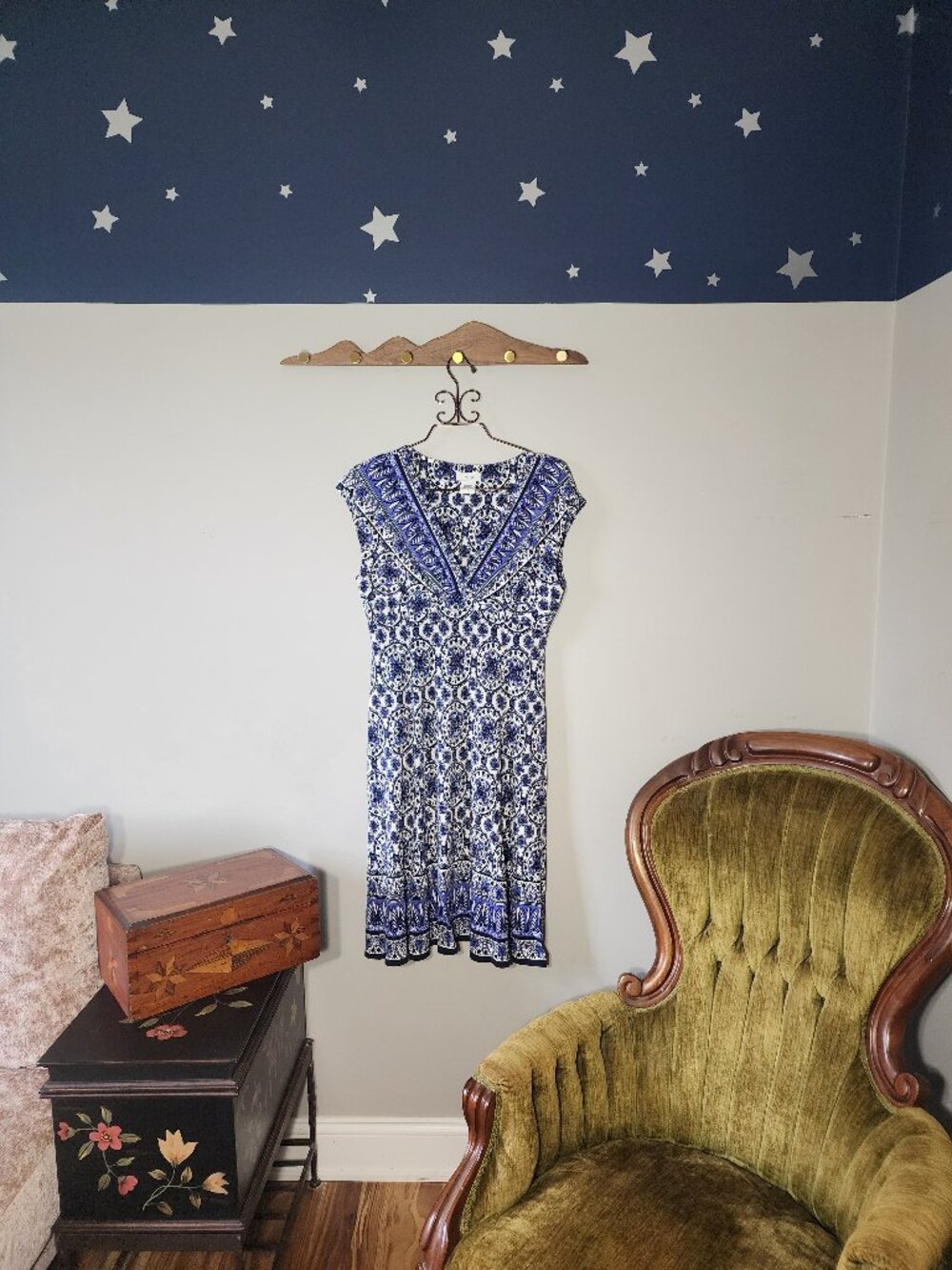 Kate Hill Blue Purple Medallion Border Print Midi Dress Size 8